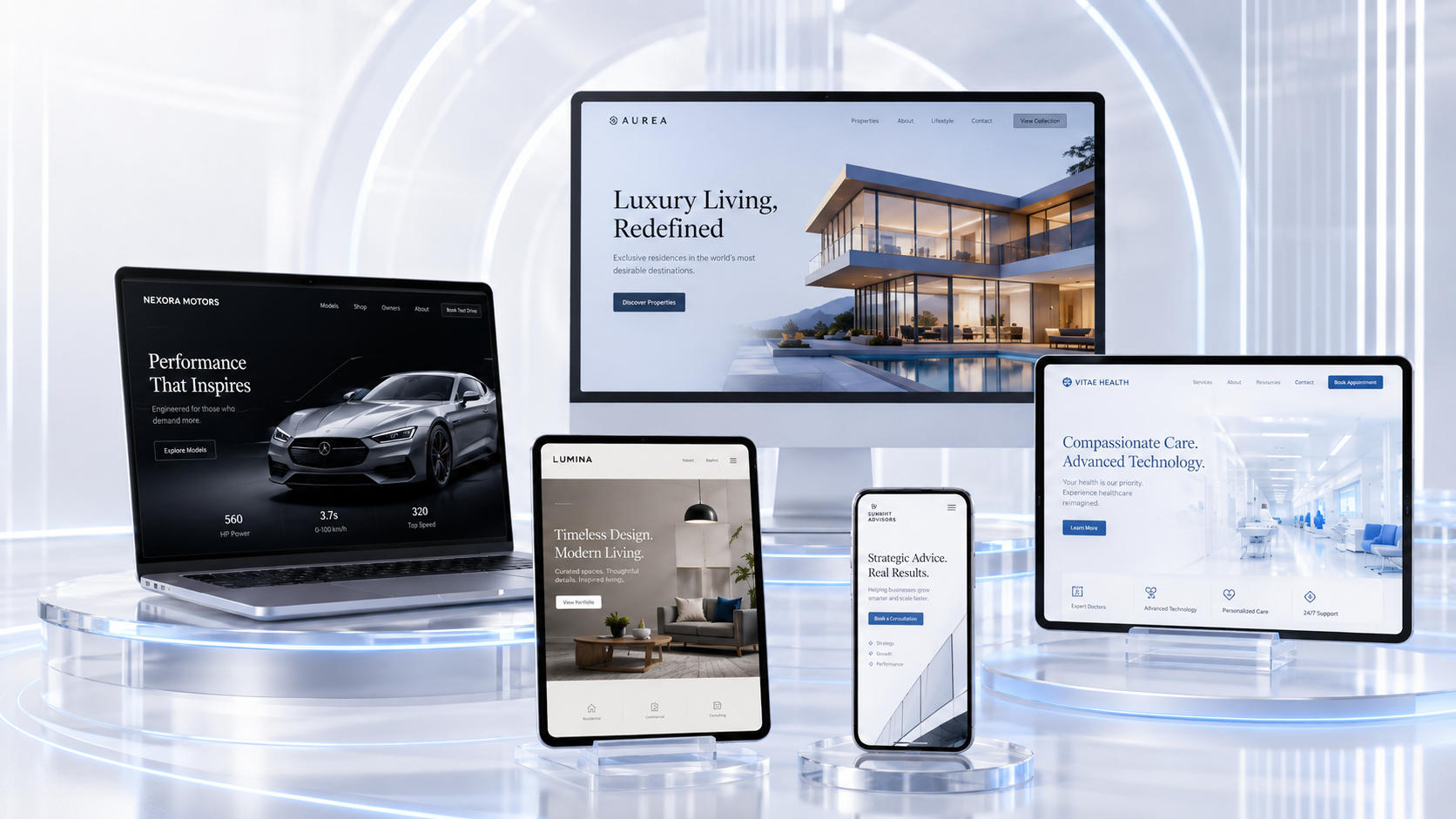 Examples of polished digital experiences across desktop, tablet and mobile